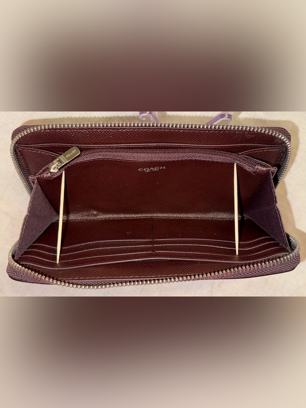 Coach Plum Zip-Around Saffiano Leather Wallet with Front Card Slot - Picture 11 of 15